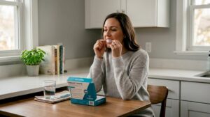 Woman applying whitening strips at kitchen table