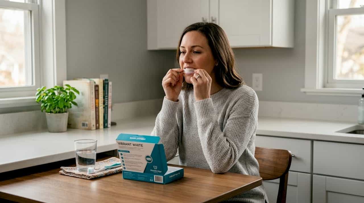 Woman applying whitening strips at kitchen table