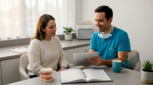 Dental consultation with smile preview on tablet