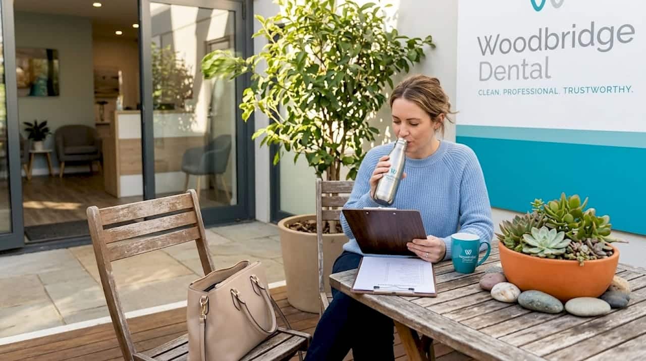 Patient reviewing checklist in dental waiting area