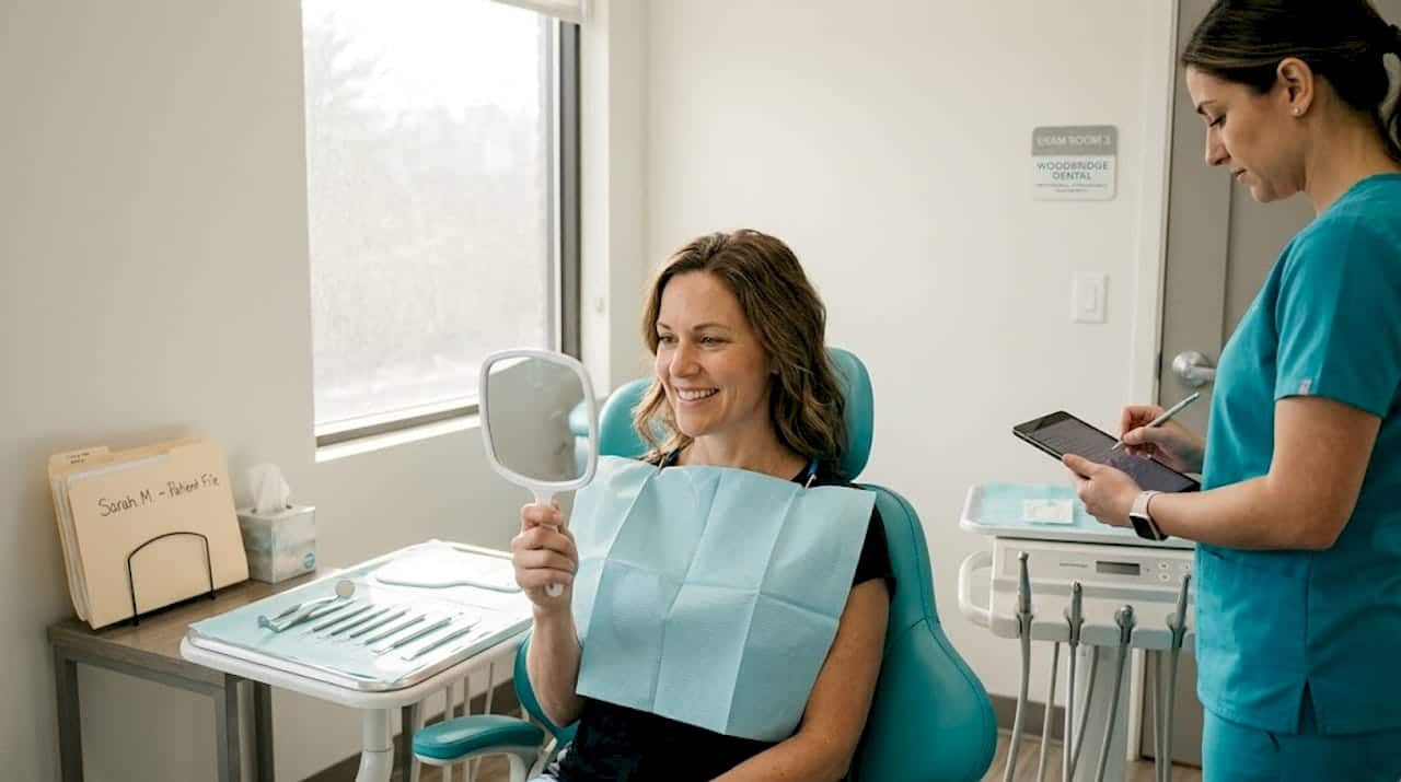 Woman smiling at reflection in dental clinic