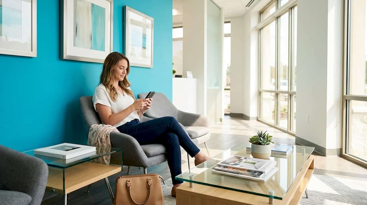 Adult patient waiting in dental office lobby