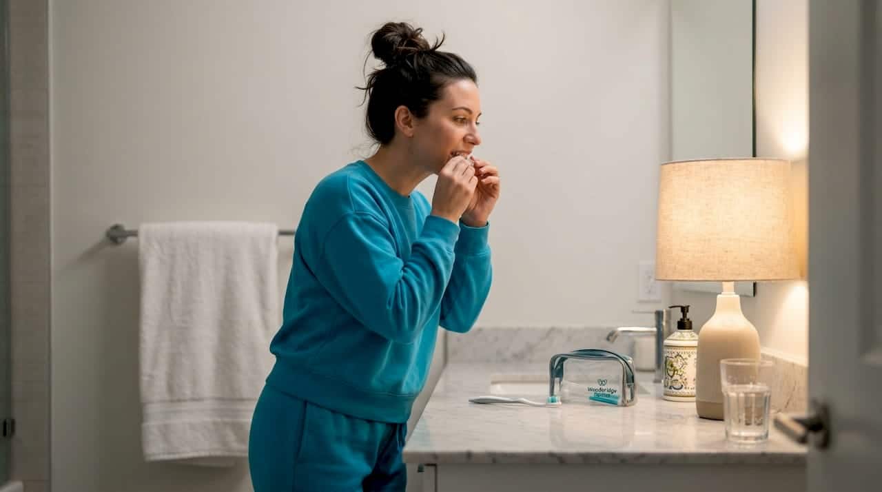 Woman preparing teeth whitening trays at bathroom