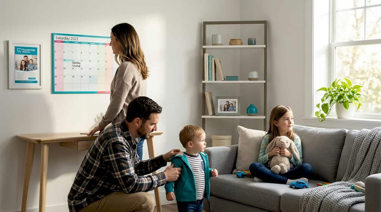 Family organizes for dental appointment in kitchen