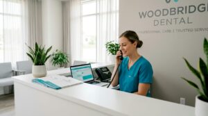 Dental clinic receptionist answering emergency call