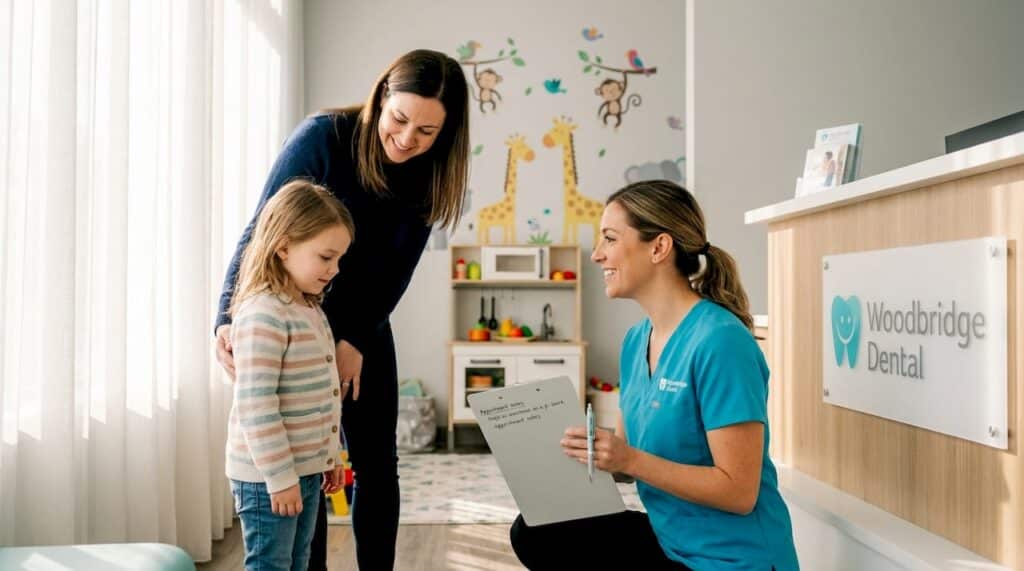 Child and parent greeted at kid-friendly dental office