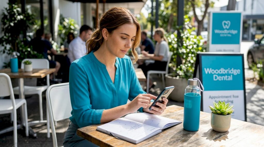 Woman scheduling dental appointment at home