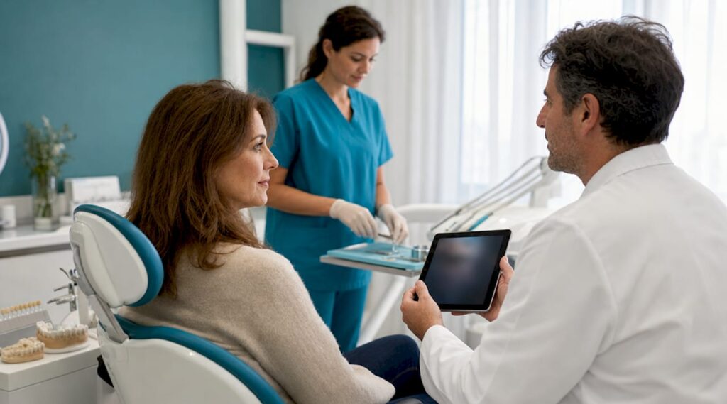 Patient consulting dentist about smile treatments