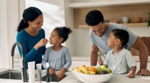 Family brushing teeth together in bathroom