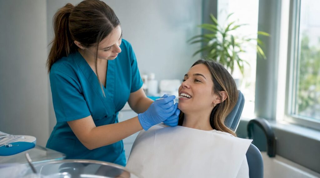 Patient receiving professional teeth whitening treatment