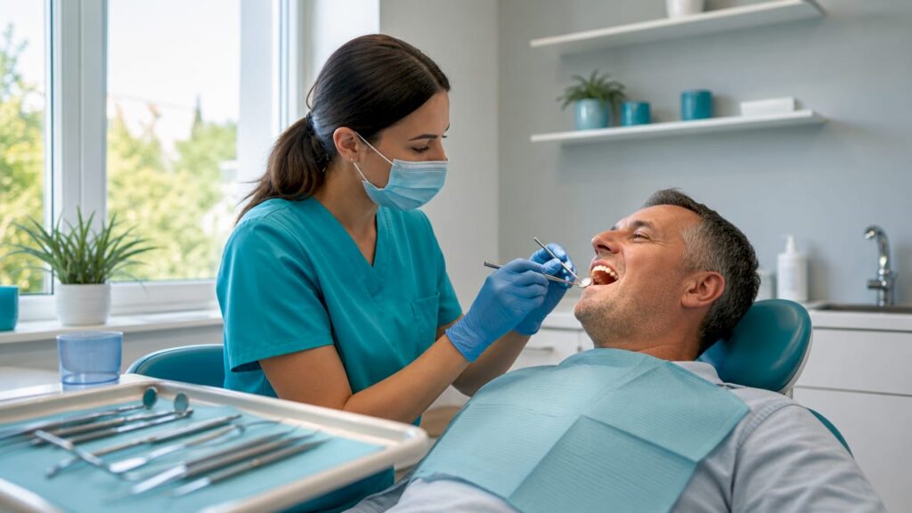 Dental hygienist cleaning patient's teeth