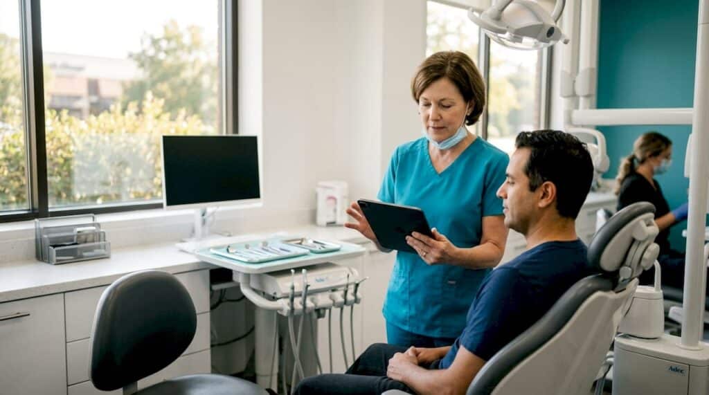 Dentist triaging patient in clinic room
