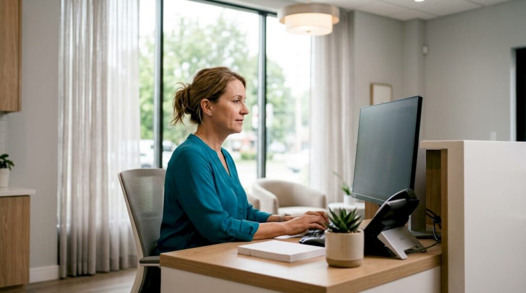 Dental receptionist scheduling family appointments
