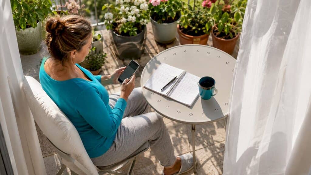 Adult woman confirming dental appointment at kitchen table