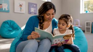 Mother and child reviewing family dentist info