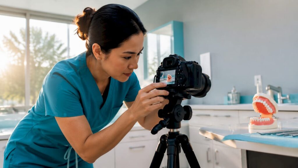 Dentist setting up camera for dental photography