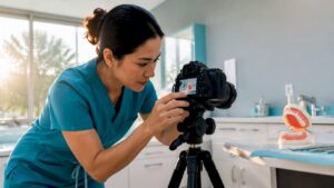 Dentist setting up camera for dental photography