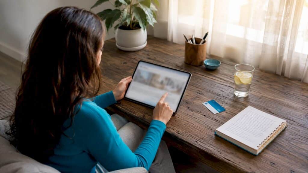 Woman booking dental appointment online at home