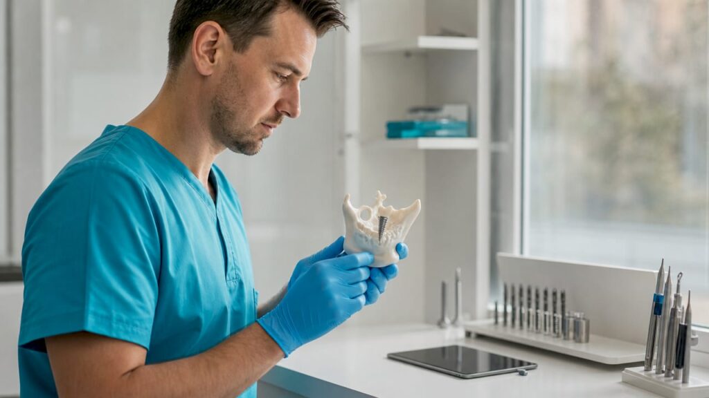Dental surgeon examining jawbone implant model