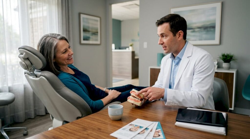 Patient consulting dentist about cosmetic dental options