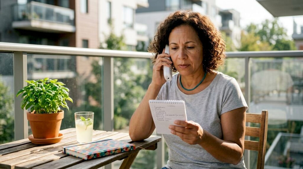 Woman calling dental office holding symptom notes