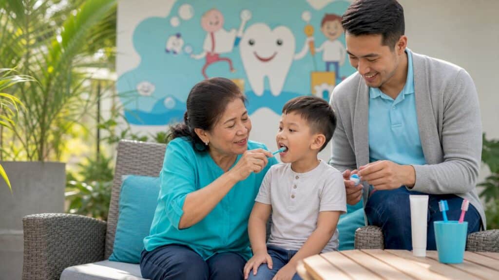 Family brushing child's teeth in dental clinic