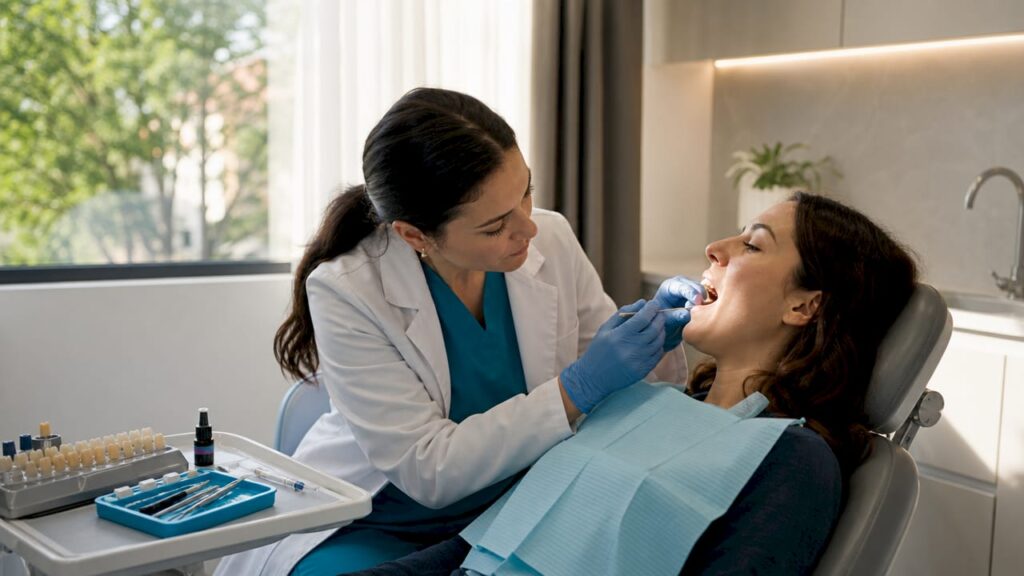 Dentist applying dental veneer on patient's tooth