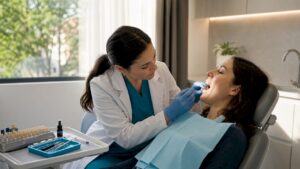Dentist applying dental veneer on patient's tooth