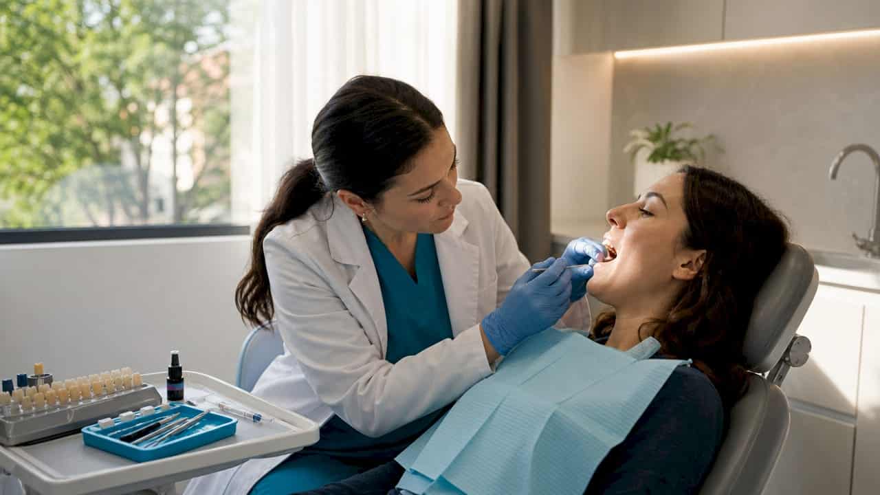Dentist applying dental veneer on patient's tooth