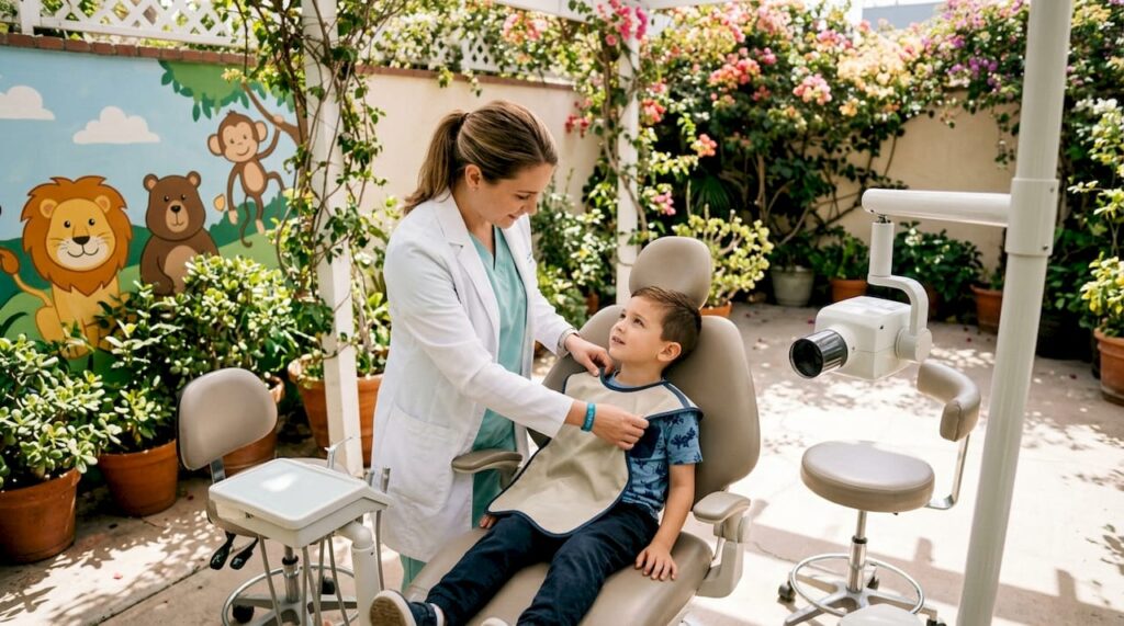 Dentist preparing child for dental X-ray