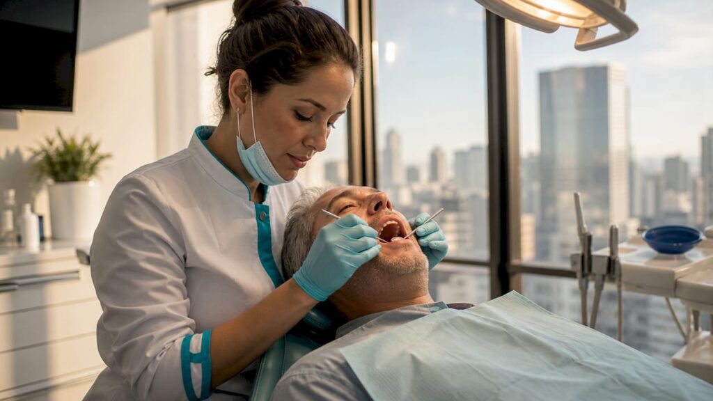 Dentist inspecting patient teeth in dental office