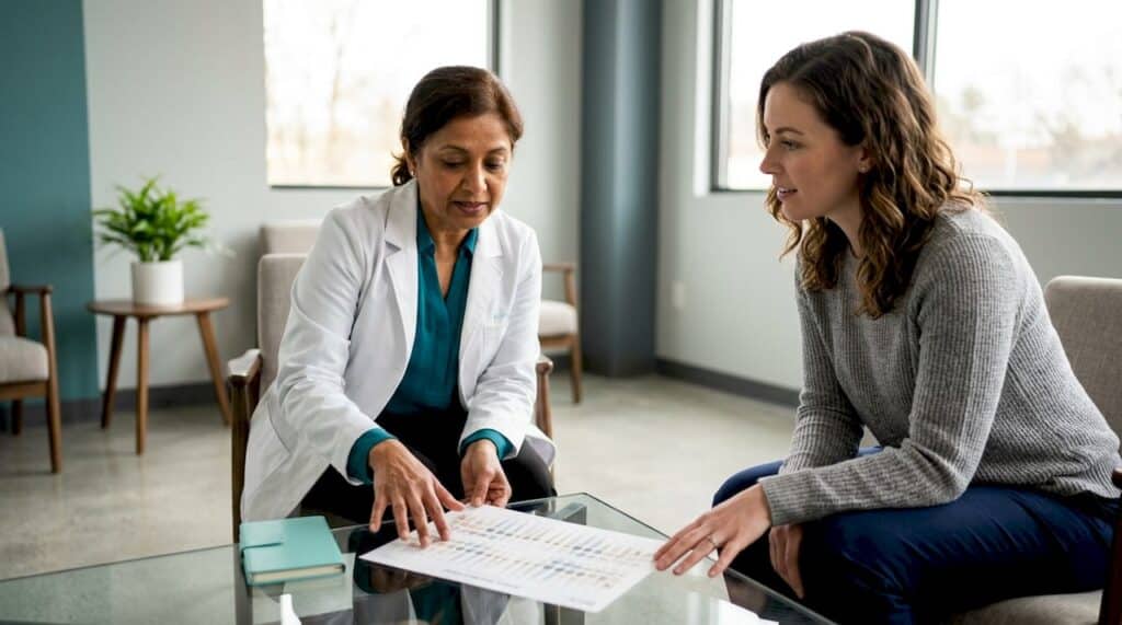 Dental patient in consultation with dentist in clinic room