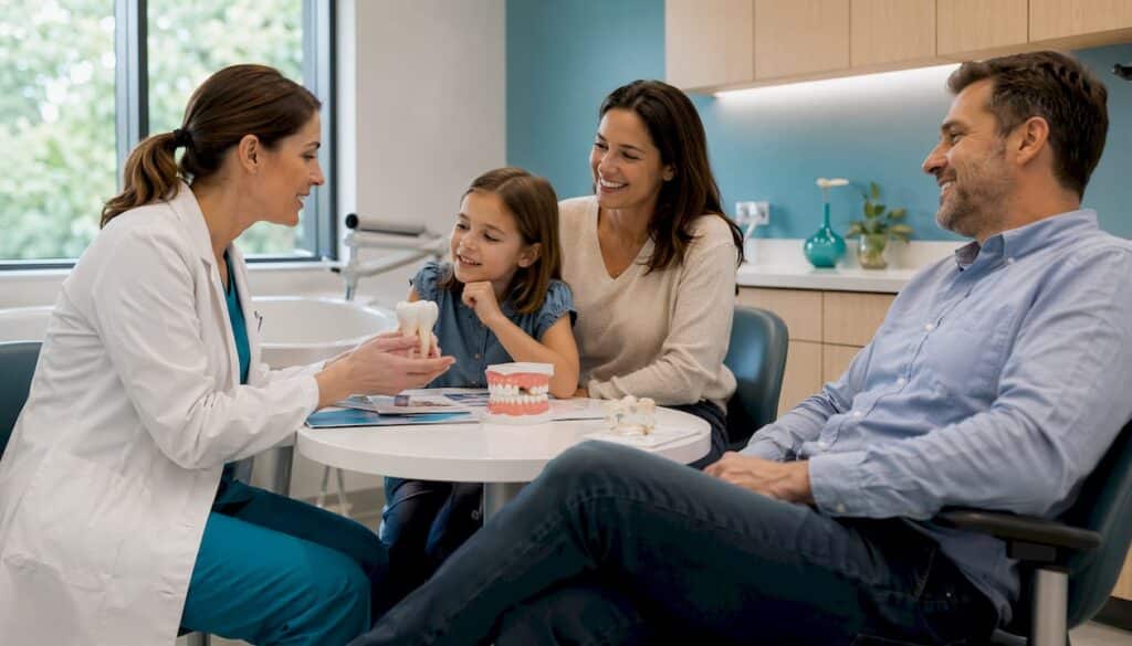 Dentist consulting family in dental clinic room