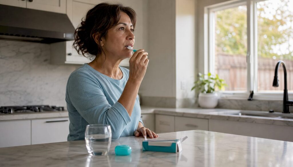 Woman brushing teeth after whitening treatment