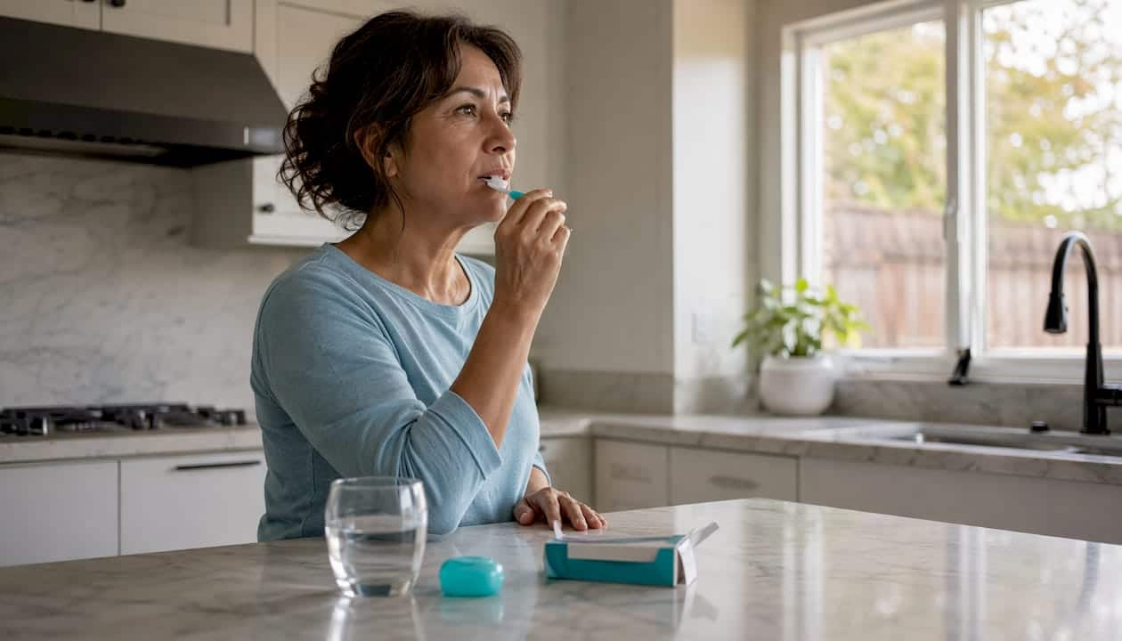 Woman brushing teeth after whitening treatment