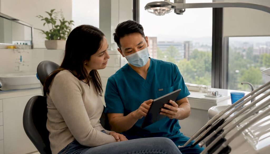 Dentist explaining dental treatment timeline to patient