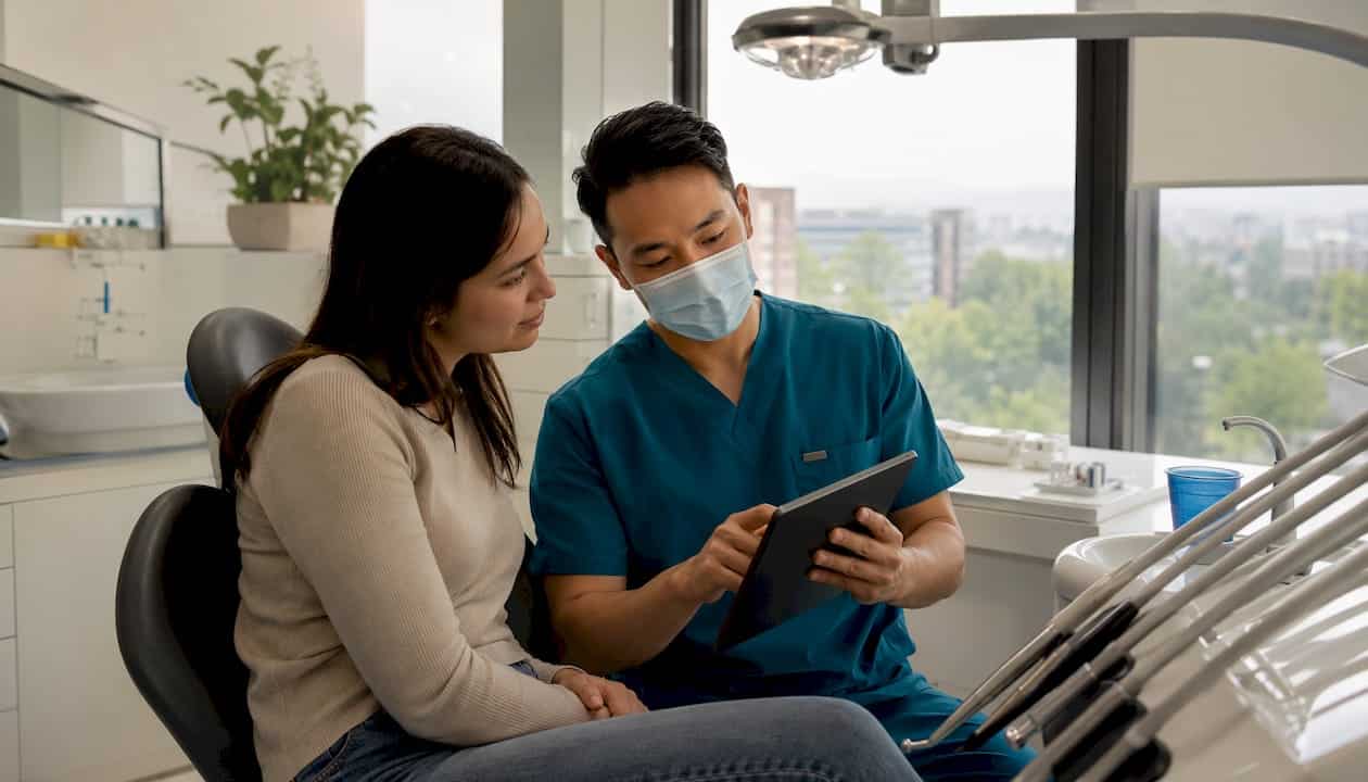 Dentist explaining dental treatment timeline to patient