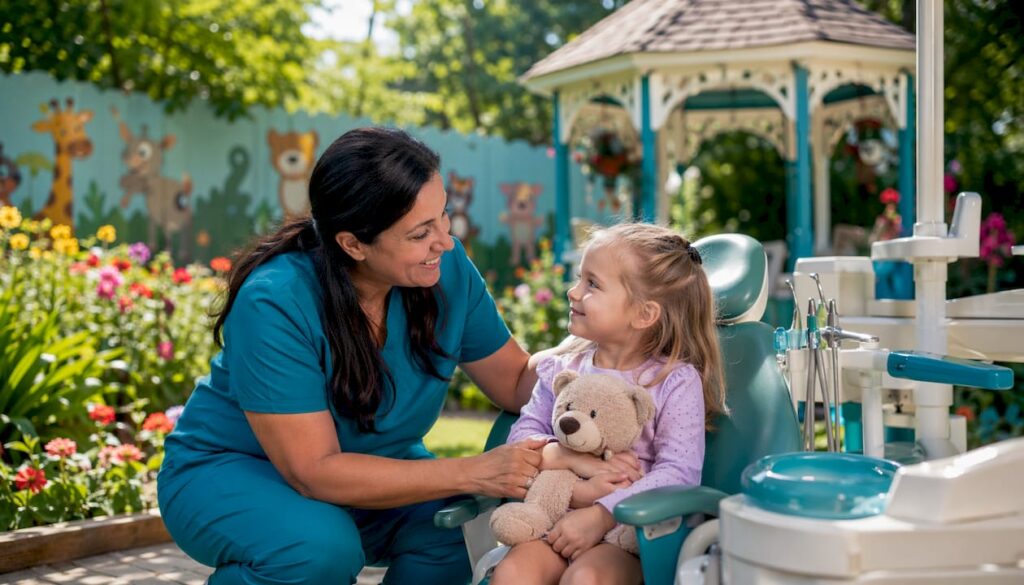 Dental hygienist comforting anxious child patient