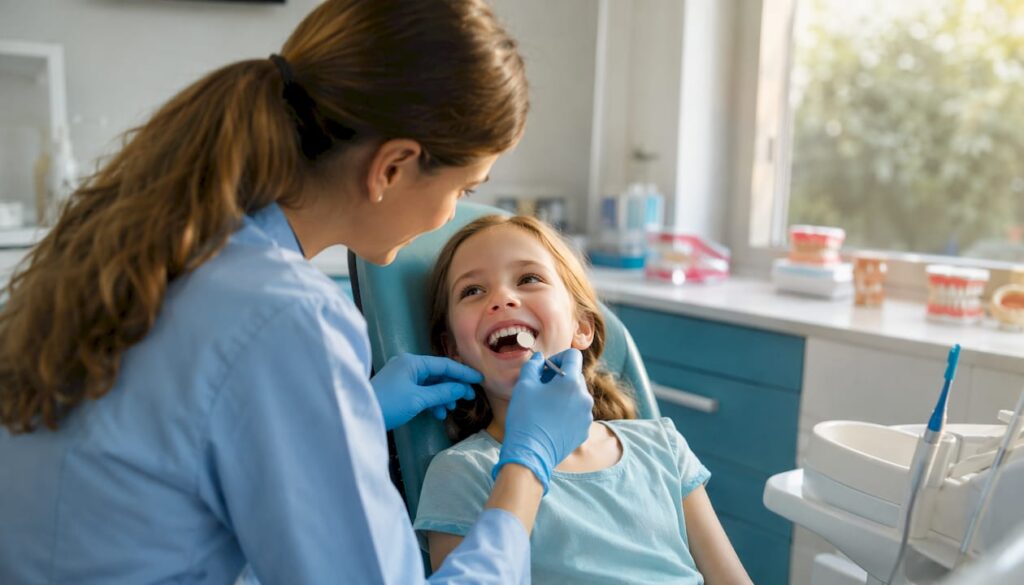 Pediatric dentist examining young girl's teeth
