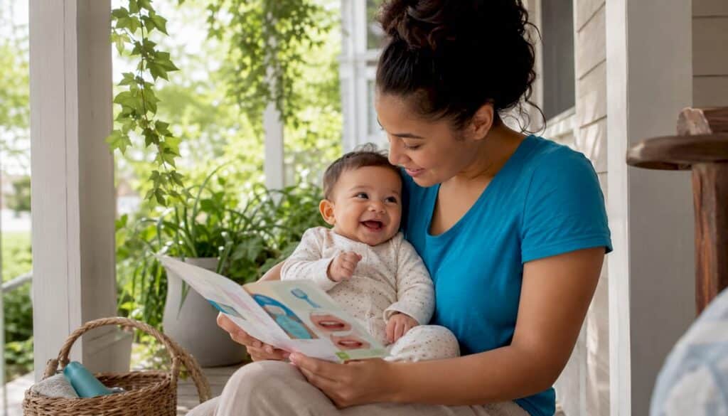 Mother holding smiling infant preparing dental visit