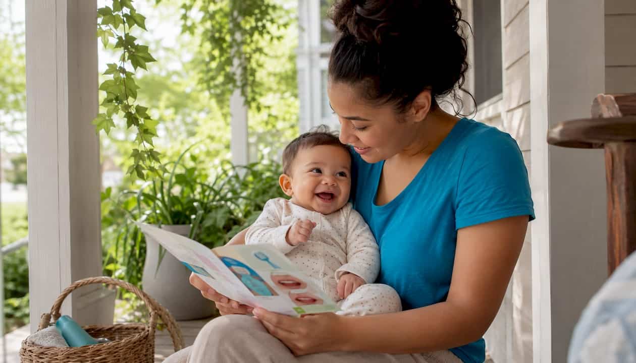 Mother holding smiling infant preparing dental visit