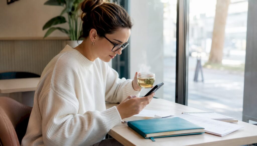 Woman reading dental reviews on phone