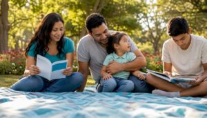 Family waiting in bright dental clinic