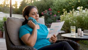 Woman managing dental pain with ice pack