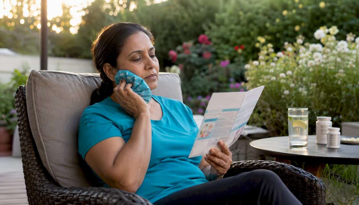 Woman managing dental pain with ice pack