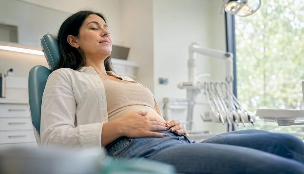 Patient practicing diaphragmatic breathing in dental chair